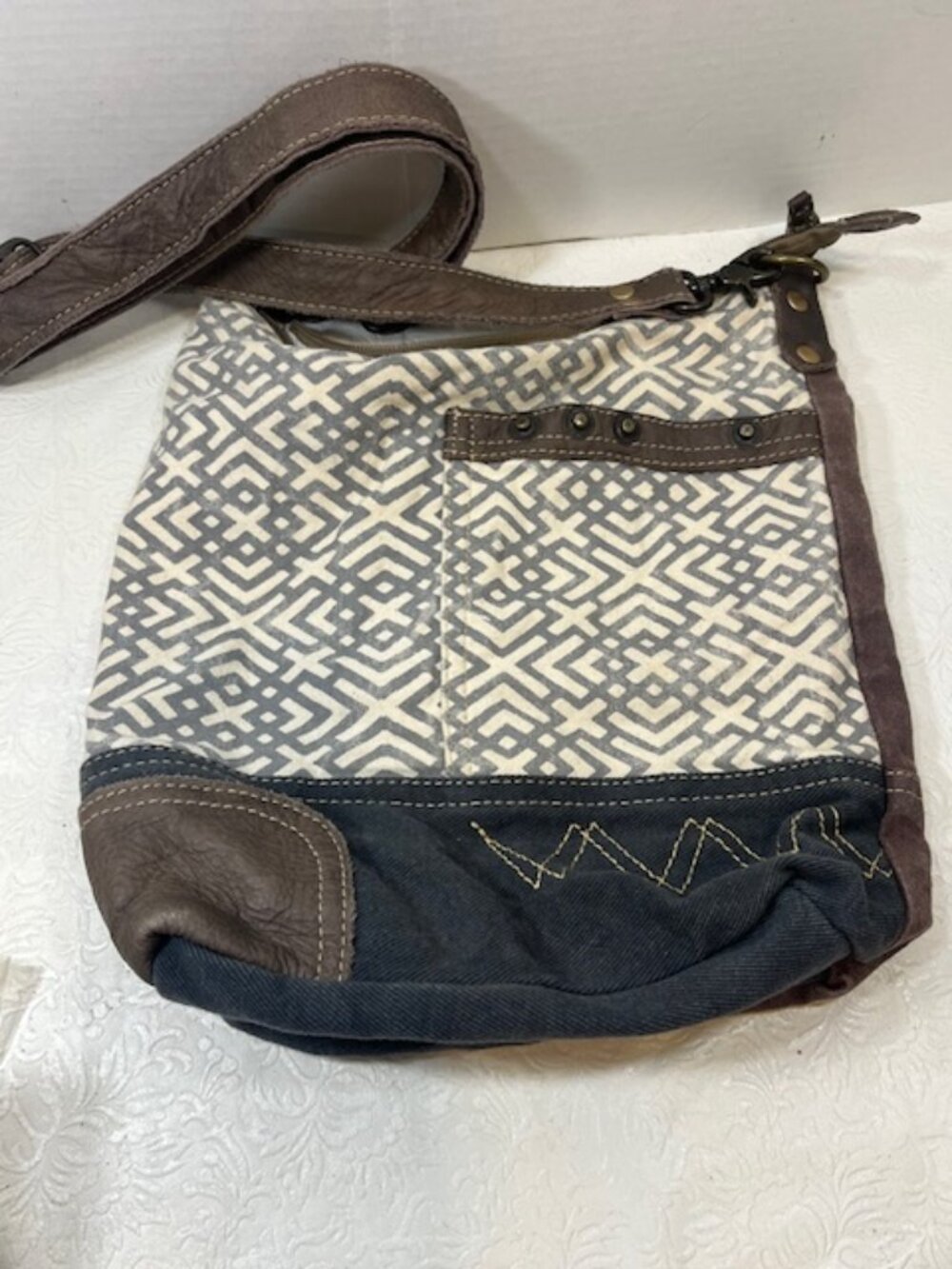 Myra Canvas Leather Cotton Crossbody Shoulder Boho Bag Geometric Pattern Purple
